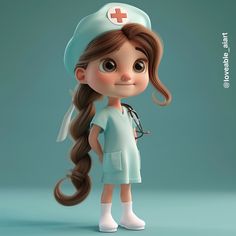 a cartoon girl with long hair wearing a nurse's hat and holding a stethoscope