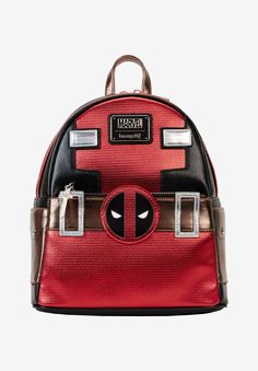 Deadpool's suit is recognizable and with the added glitter, it'll be a perfect piece to take to Disneyland or any Comic Book Conventions.FABRIC: Faux LeatherBackpack is modeled after Deadpool's suit with glitter to give it a more metallic look. Deadpool logo on back of backpack. The red color on the suit has a debossed pattern.Main compartment opens with a double zipper. Front zipper pouch pocket and two side slot pockets.Interior lining features Deadpool Icons. Zippers and zipper tabs are silve Deadpool Backpack, Deadpool Suit, Deadpool Mask, Deadpool Logo, Deadpool Cosplay, Marvel Merchandise, Mini Mochila, Marvel Deadpool, Star Wars Collection