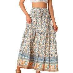 This floral printed skirt makes a great vacation choice. Women's boho vintage print maxi skirt, a must-have skirt and a good skirt gift idea for Spring, Summer, and Fall. Regular fit, just enjoy your leisure time with ease. Team with flat sandals and a relaxed shirt or peasant top. Pair it with sandals or heels for a perfect look. Skirt Casual, Maxi Skirt Boho, Flowy Design, Boho Skirt, Denim Skirt Women, Printed Maxi Skirts, Boho Skirts, Floral Print Skirt, Women Outfits