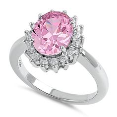 Top of ring height: 13.5mm

Top of ring width: 8mm

Band width: 2.1mm

Shank width: 1.8mm



Stone material: pink cubic zirconia

Center stone size: 10mm X 8mm

Stone shape: oval cut

Center stone carat weight: 2.54 ct.

Total number of CZ stones: 18

Stone setting: prong setting



Metal: 925 sterling silver

Plating: rhodium plated

Finish: high polish Princess Diana Ring, Diana Ring, Simulated Diamond Rings, Buy Earrings, Stone Material, Pretty Jewelry, Stone Setting, Cz Ring, Pink Ring