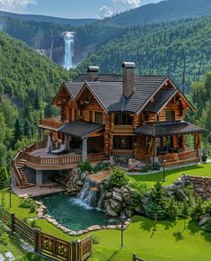 a large wooden house with a waterfall in the background