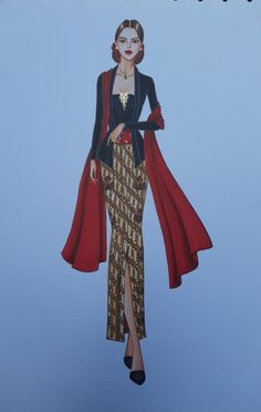 a drawing of a woman in a dress and coat with red shawl over her shoulders