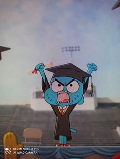 an animated character in a graduation cap and gown holding his arms up with both hands