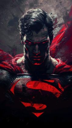 the man in superman's costume is staring into the distance with red eyes and black hair