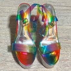 Size 7. No Box. 6-Inch Heels. Brand New. Only Walked With At The Store And Never Worn After Platform Jelly Sandals With Open Heel For Party, Rainbow Platform Heels With Round Toe, Multicolor Platform Heels With Closed Toe, Rainbow Round Toe Platform Heels, Multicolor Closed Toe Platform Heels, Rainbow Open Toe Platform Heels, Rainbow Heels With Round Toe For Summer, Pink Ankle Strap Jelly Sandals For Party, Multicolor Block Heel Sandals For Party