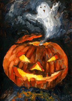 an oil painting of a halloween pumpkin with a ghost on it