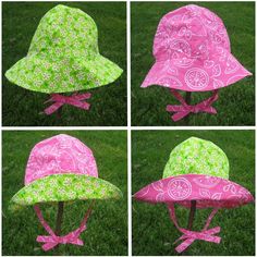 four pictures of hats with different patterns on them, all in pink and green colors