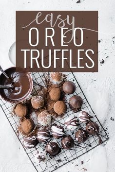 easy oreo truffles on a cooling rack with chocolate sauce in the middle