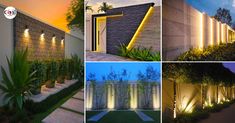 four pictures of different types of lighting on the outside of buildings and in front of trees