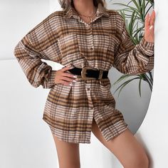 Fashion Plaid Shirt Lapel Doll Sleeve Top Dress Women Long Sleeve High Waist Y2k Dress No Belt Casual Beige Long Sleeve Mini Dress, Casual Long Sleeve Brown Mini Dress, Casual Long Sleeve Mini Dress With Pockets, Casual Beige Collared Mini Dress, Plaid Long Sleeve Mini Dress For Day Out, Casual Button-up Winter Mini Dress, Casual Button-up Mini Dress For Winter, Fall Retro Long Sleeve Mini Dress, Casual Mini Dress For Daywear In Fall