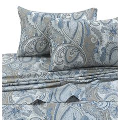 the paisley bedding is blue and grey