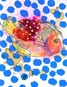 a drawing of a fish in blue and yellow circles on white paper with watercolors