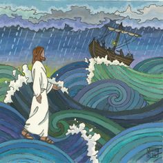 a painting of jesus walking in the ocean