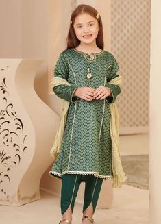 3- Piece Embroidered Suit for Girls A dark green and gold cotton jacquard kurta with intricate adda work detailing on the neck and a hand made tassels tied, is finished off lovingly with gold laces. Paired with dark green cotton tulip pants with gold lace work and a dull gold crush dupatta, this mesmerizing number is the perfect addition for your little ones wardrobe this season. Description : Top: Dark Green Cotton Jacquard Kurta with Hand Adda Work, Lace Work and Tassels Bottom: Dark Green Cot Festive Green Embroidered Anarkali Set, Festive Green Anarkali Set With Embroidered Border, Green Long Sleeve Salwar Kameez With Embroidered Border, Green Embroidered Lawn Suit For Eid, Green Cotton Dress For Eid, Festive Green Lawn Suit With Embroidered Border, Green Cotton Anarkali Set With Embroidered Border, Green Long Sleeve Kurta With Embroidered Border, Gold Long Sleeve Dresses For Diwali