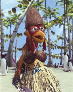 an animated bird wearing a hula skirt and holding a skateboard in front of palm trees