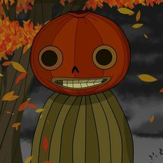 a cartoon pumpkin sitting on top of a barrel in front of some trees with leaves