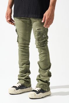 SERENEDE® "OIL" cargo stacked jeans feature our signature stretch material for a comfortable feel. Olive wash* with a slight tint of green. SERENEDE® signature skinny fit construction with a stacked ankle. This unique style features multiple cargo pockets. Designed to be individually unique. DETAILED FEATURES: OLIVE wash [ slight tint of green ] Cargo pockets Stacked finish Fading throughout Signature "leather" waistband label SERENEDE® branded hardware Five-pocket styling Zipper fly 5.5" W Ankl Fitted Washed Cargo Jeans For Streetwear, Fitted Cargo Style Jeans For Streetwear, Military Cargo Style Jeans For Streetwear, Urban Green Cotton Cargo Jeans, Khaki Cargo Pocket Jeans For Streetwear, Military Style Straight Leg Cargo Jeans For Streetwear, Straight Leg Military Cargo Jeans For Streetwear, Urban Khaki Cargo Jeans For Fall, Khaki Cargo Style Jeans For Streetwear