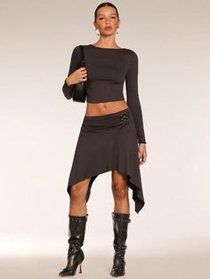 Women's Solid Color Simple Asymmetrical Hem Skirt, Casual Daily Wear Coffee Brown Casual   Knitted Fabric Plain Asymmetrical High Stretch  Women Clothing, size features are:Bust: ,Length: ,Sleeve Length: Women Skirts, Hem Skirt, Casual Stripes, Inspiration Mode, Asymmetrical Hem, Skirt Black, Asymmetric Hem, All Fashion, A Line Skirts