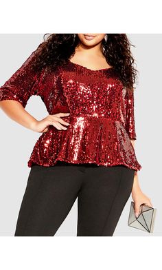 Sequin Puff Top - crimson Sequin Peplum Top, Sparkle Birthday, Alexa Webb, Plus Size Sequin, Fashion Promotion, Night Out Tops, Holiday Dinners, Sequin Blouse, Red Sequin