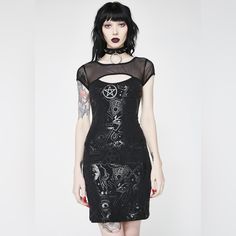 Killstar Grave Girl Bodycon Dress Size Xl. New Without Tags. Never Worn,Perfect New Condition! Sold Out Deadstock!!! Kitties And Bones And Planchettes, Oh My! We're Pretty Sure They Didn't Leave Anything Out With This Black On Black Pattern, Seen Here On This Fitted Grave Girl Bodycon Dress From Killstar! This Spellbinding Little Number Features An All Mesh Yoke, Short Cap Sleeves And A Keyhole Feature On The Chest For A Little Peek-A-Boo Action. Materials: -95% Cotton -5% Elastane Non-Smoking H Edgy Short Sleeve Dress For Alternative Fashion, Black Short Sleeve Dress For Alternative Fashion, Gothic Short Sleeve Mini Dress For Night Out, Gothic Short Sleeve Dress For Night Out, Fitted Short Sleeve Dress For Alternative Fashion, Short Sleeve Fitted Dress For Alternative Fashion, Gothic Rock Fashion, Gothic Imagery, Gothic People