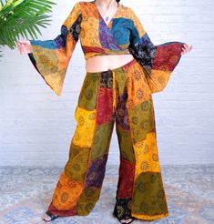 Patchwork Cotton Palazzo Pants, Wide Leg Colorful Festival Trouser, Bell Sleeve Crop Top & Pant Set, Unisex Hippie Style Summer Pant, Boho - Etsy Green Bohemian Pant Set For Summer, Bohemian Green Pant Set For Summer, Hippie Style Fall Festival Pants, Hippie Fall Festival Pants, Multicolor Cotton Pants For Fall, Multicolor Cotton Harem Pants For Fall, Bohemian Multicolor Harem Pants For Fall, Multicolor Bohemian Harem Pants For Fall, Bohemian Multicolor Fall Harem Pants