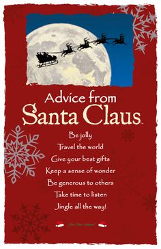 an advertisement for santa claus is shown in red and blue with the words advice from santa claus