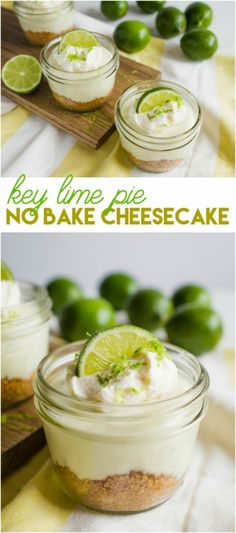 key lime pie no bake cheesecake in a jar with limes around it