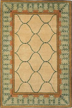 a beige rug with an orange border and green leaves on the bottom, in front of a white background