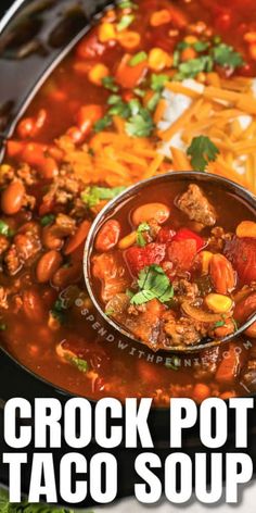 a spoon full of crock pot taco soup on top of a black plate