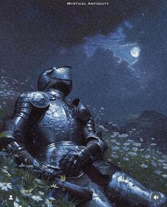 a knight sitting on the ground in front of flowers