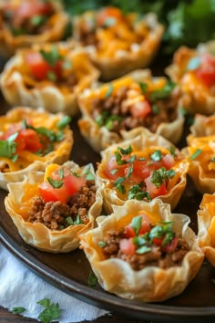 small appetizers with meat, cheese and tomatoes on a tray ready to be eaten