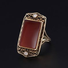 Vintage Red Agate and Diamo... Filigree Ring Gold, Orange Agate, Swirl Ring, Deep Orange, Jewelry Post, Ring Art Deco, Deco Ring, Agate Ring, Red Agate