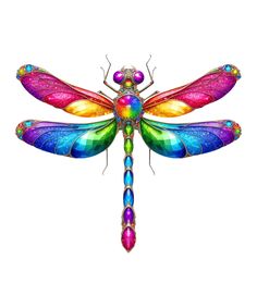 a rainbow colored dragonfly sitting on top of a white surface