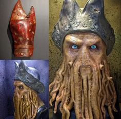 three pictures of different types of masks with blue eyes and beards, one wearing a pirate's hat