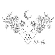 a drawing of roses and crescents with the word moon on it's side