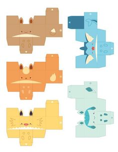 four different types of paper toys that look like pokemons