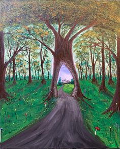 a painting of a road in the middle of a forest