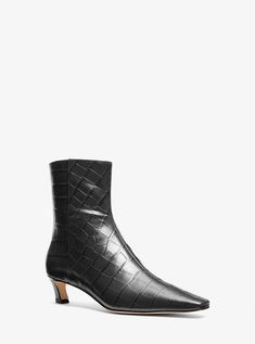 Cosmo Crocodile Embossed Leather Kitten Boot Luxury Classic Boots With Crocodile Pattern, Fitted Crocodile Pattern Boots With Pointed Toe, Faux Leather Crocodile Pattern Pointed Toe Boots, Crocadile Heel Boots, Crocodile Heeled Boots, Leather Boot, Michael Kors Collection, Heel Type, Effortless Chic