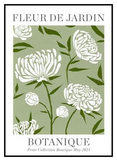 a green and white poster with flowers on it