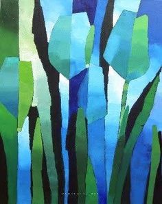 an abstract painting of blue and green plants