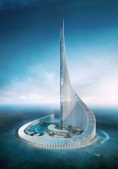 a futuristic building in the middle of the ocean with a sail shaped structure on top