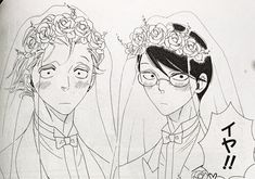 a drawing of two people with flowers in their hair