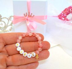 18K Gold Rhinestone Holly Cross Pink Jade Baby Bracelet, Baptism Gift, Christening, Communion, Baby Shower Gift, Personalized Girls Bracelet Personalised Baby Bracelet, Girls Bracelet, Mother Daughter Bracelets, Bracelet Stacks, Pink Jade, Gender Reveals, Baby Announcements, Jade Gemstone, Communion Gifts