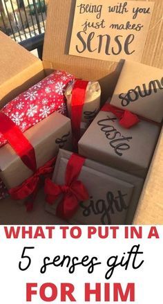 some boxes with presents wrapped in red ribbon and the words what to put in a 5 - sense gift for him