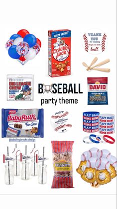 the baseball party theme is shown with balloons and candy