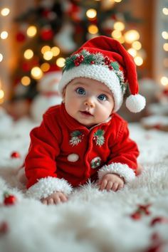 a baby wearing a santa hat sitting on the floor