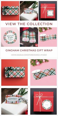 christmas gift wrap with the words view the collection on it and pictures of presents wrapped in red