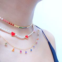 Accentuate your dazzling charisma with this shiny dangling teardrop rainbow choker necklace design. Created to elegantly lay against your neck, its striking rainbow design will draw attention to your neckline and complete your look in a spectacular fashion. Individual stones are carefully hand-set to assure the highest level of quality jewelry. Brilliance and sparkle like a real diamond.More Details:- Carefully Handmade- Sterling Silver (925)- Cubic Zirconia Rainbow- Length: 16 inches + 2 Inches Dangling Necklace, Tennis Choker Necklace, Summer Choker, Rainbow Choker, Dainty Choker Necklace, Choker Necklace Designs, Diamond Tennis Necklace, Dainty Choker, Stone Choker