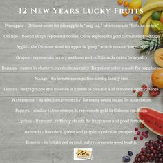 an image of new year's lucky fruits on a wooden table with text overlay