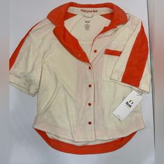 Feat Button Up Orange And Cream Terrycloth Top Retro White Button-up Tops, Retro White Tops With Buttons, Retro White Buttoned Tops, Red Flannel Shirt, Shirt Knot, Green Floral Blouse, Beaded Shirt, Drop Shoulder Shirt, Women Floral Blouse